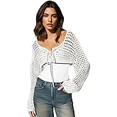 Womens Long Sleeve Crochet Shrug Tie Front Cropped Cardigan Sweaters Knit Bolero Outwear Tops