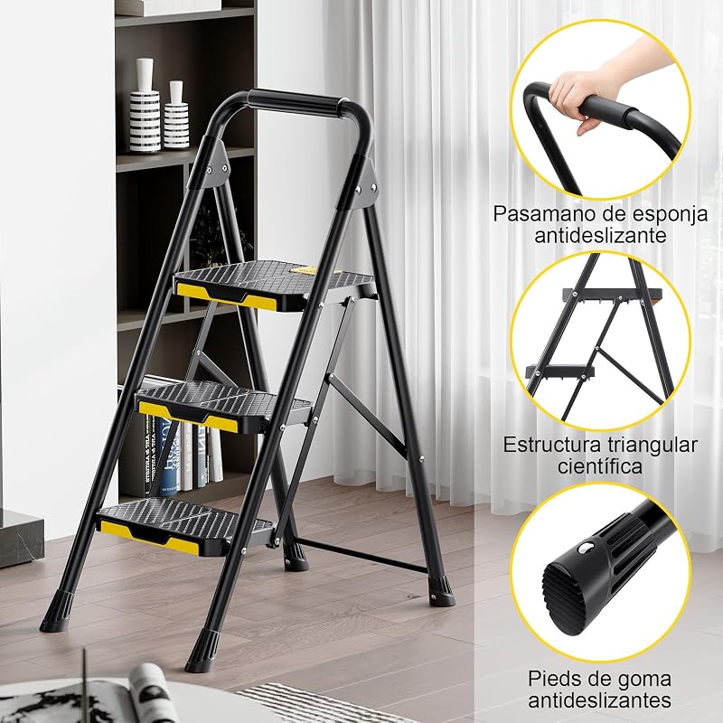 Escada dobrável de 3 degraus com fechadura de segurança, carga doméstica de tesoura até 360kg com pedal antiderrapante largo, corrimão, banco de aço para cozinha doméstica, preto
