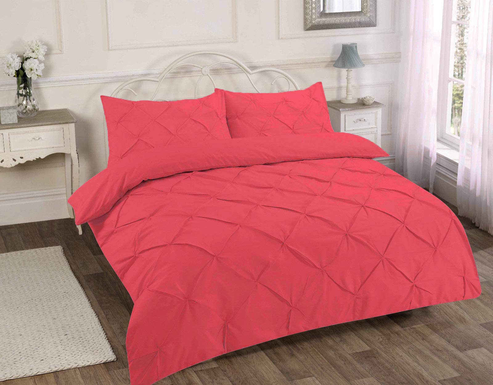 mFabrics Luxury Pinch-Pleat Pin-Tuck Duvet Quilt Cover Set | Soft Touch Easy Care Poly-Cotton | With Matching Pillowcases (Rouge Pink, Single)