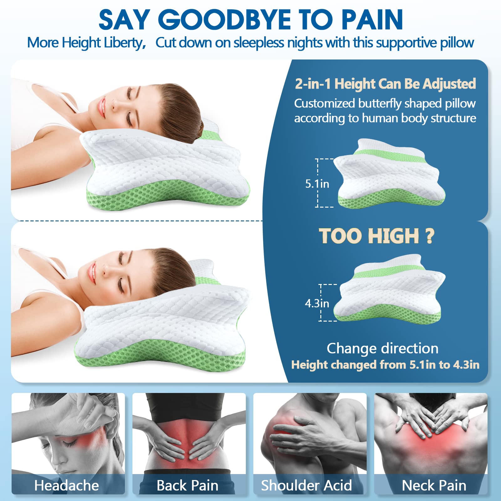 Memory Foam Pillows, Cervical Pillow for Neck and Shoulder Pain Relief, Ergonomic Contour Bed Pillow, Soft for Side Sleep Stomach Sleeping and Back Sleeper