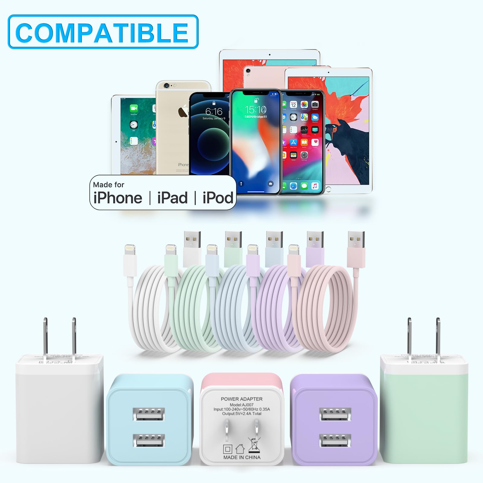 iGENJUN 5Pack iPhone Charger [MFi Certified], Dual Port USB Wall Charger Block Adapter with 6FT Lightning Cable Fast Charging Data Sync Cords for iPhone 14 13 12 11 Pro Max XR XS Plus-Multicolor