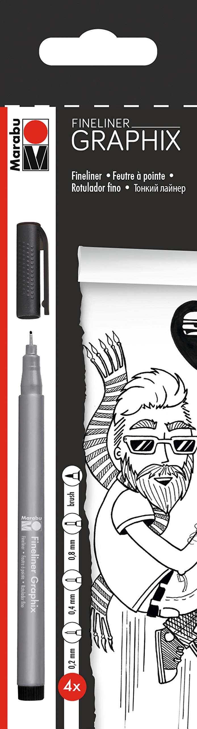 Marabu 014600000101 - Fineliner Graphix, 4 pens in black with line widths 0.2 mm, 0.4 mm, 0.8 mm and brush, brilliant colour, water-based pigment ink, metal-encased plastic tip