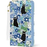 RTTLALUO Womens Wallet, Black Cats Wristlet Wallet For Women, Blue Flowers Credit Card Holder Purse With Zipper, Birthday Christmas Graduation Gifts For Women Mom, Travel Office Daily Purse