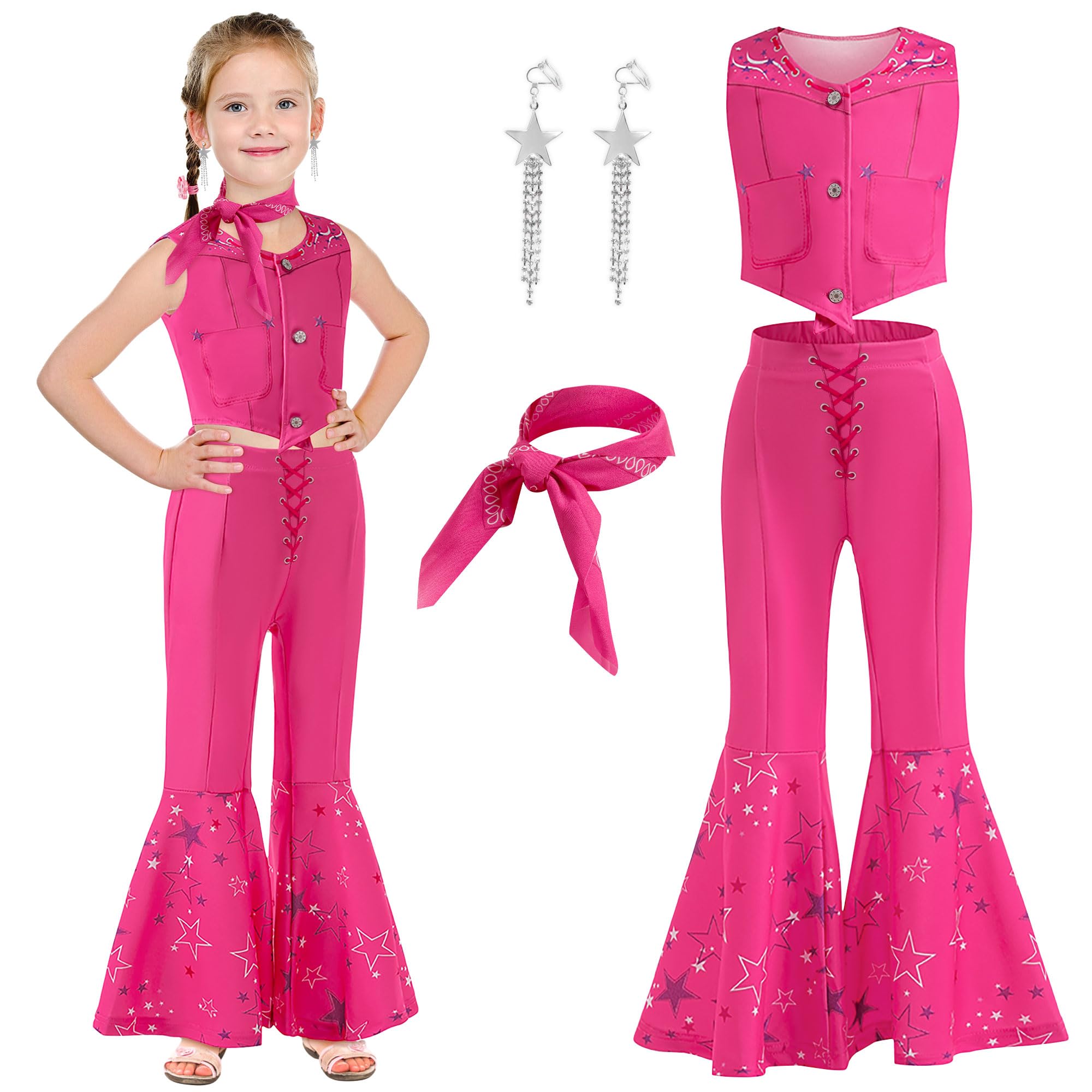 GMEDJVE Girls Cowgirl Costume Movie Heroine Cosplay Pink cowgirl outfit Kids Western Christmas Party Dress up 3-12Y