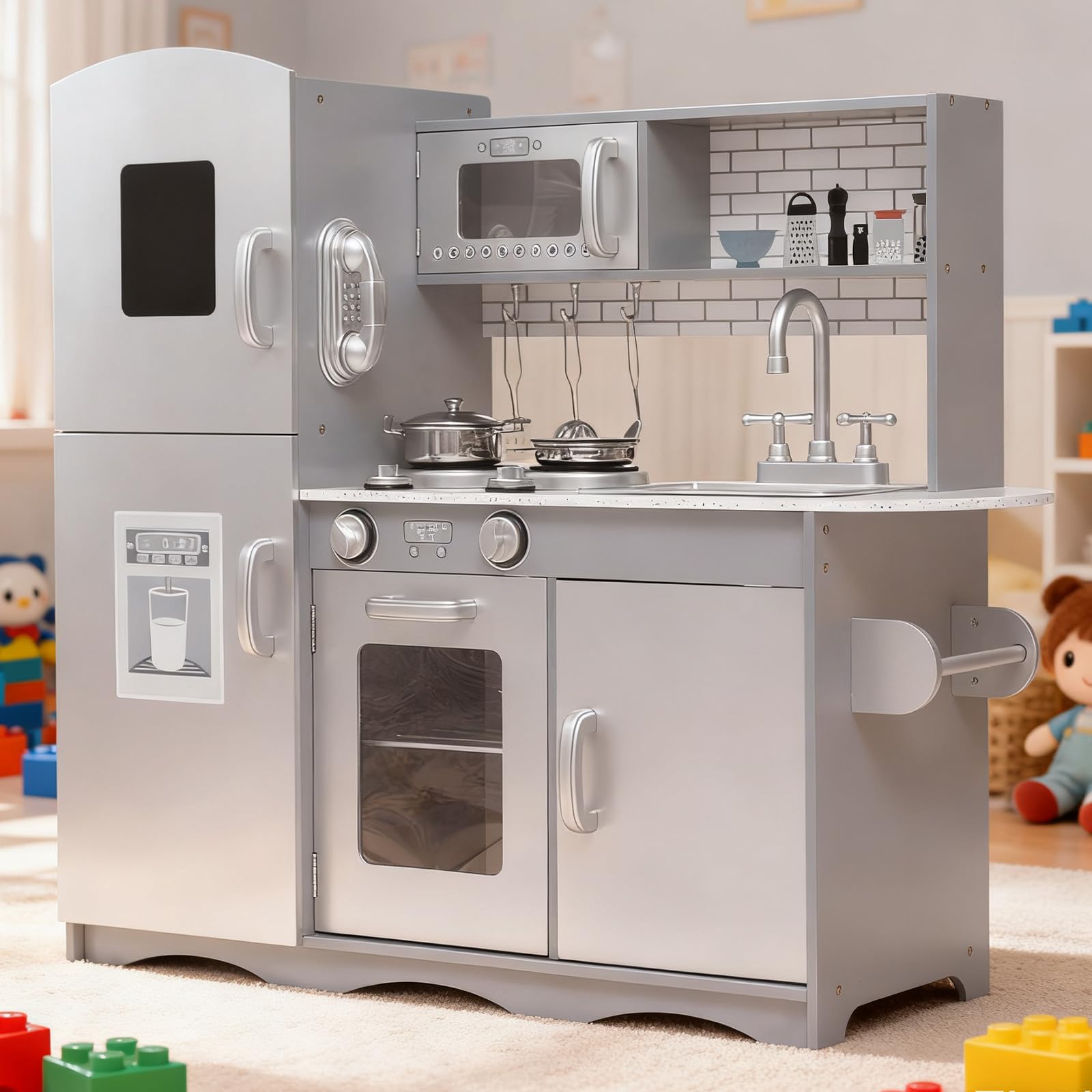 GALACTICA Wooden Pretend Play Kitchen Set for Kids – Includes Cooking Utensils & Toys for Boys & Girls – Fun Role Play Game, Gift Idea for Toddlers & Children, Grey (WW-PK-04)