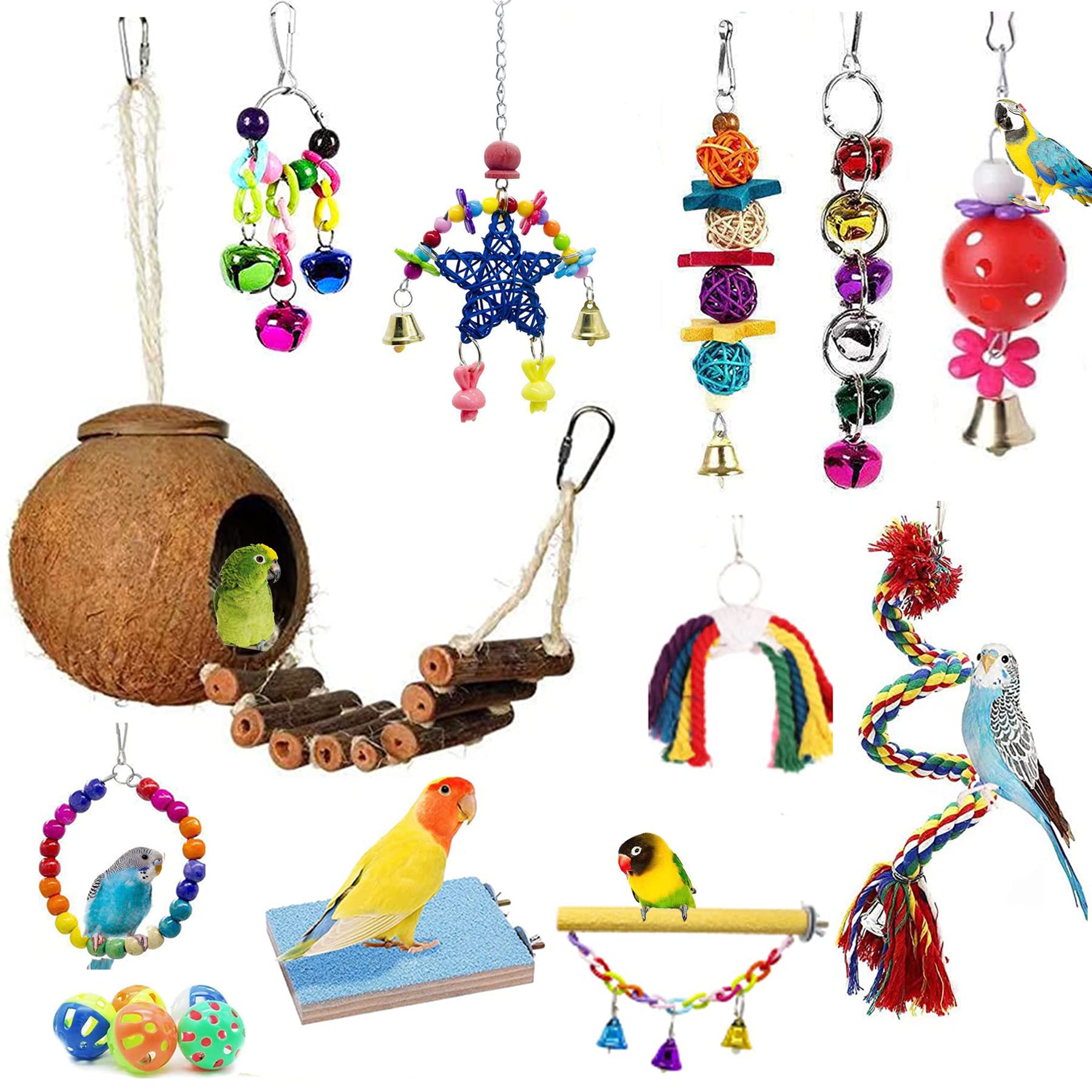 BIPY 16 PCS Bird Parrot Toys Hanging Bells Ball Swing Natural Coconut Birds Cage with Ladder Toy Pet Birds Stand Chewing Perches Wooden Toys for Parrots Parakeets Budgie Cockatiels Macaws — image 1