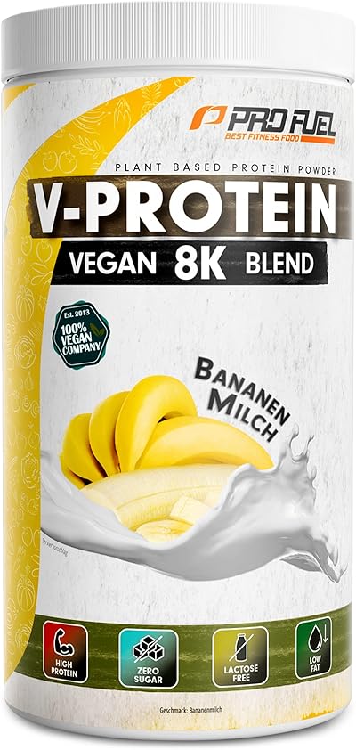 Vegan Protein – BANANE - V-Protein 8K Blend - unglaublich lecker & cremig - mit Protein aus Sonnenblume, Reis, Erbse, Hanf, Kürbis uvm. - pflanzliches Proteinpulver mit 81% Eiweiß