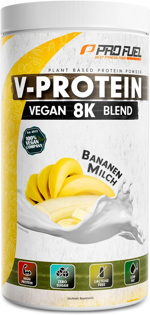 Vegan Protein – BANANE - V-Protein 8K Blend - unglaublich lecker & cremig - mit Protein aus Sonnenblume, Reis, Erbse, Hanf, Kürbis uvm. - pflanzliches Proteinpulver mit 81% Eiweiß