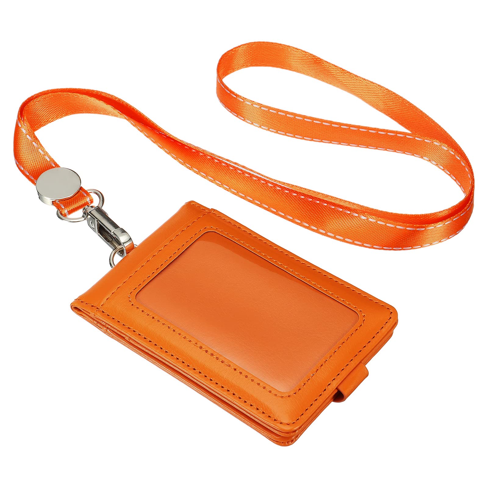 PATIKIL PU Leather ID Badge Holder with Detachable Neck Lanyard Set, Folded Credit Holder with 1 Clear Window 4 Card Slot for Offices, Orange