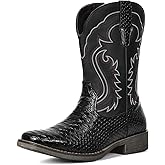 IUV Cowboy Boots for Men Faux Snake Skin Embroidered Western Boots Slip Resistant Square Toe Pull on Mid Calf Cowboy Boot