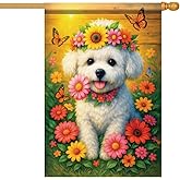 Starlit Patio Cute Bichon Frise House Flag Puppy Flowers Butterflies Spring Summer Outdoor Yard Garden Flag Decoration Double Sided 28x40 Inch Welcome Banner for Lawn Patio Seasonal Dog Lovers Decor