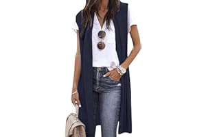 YMING Women's Lightweight Long Vests Sleeveless Open Front Cardigan Solid Color Draped Vest with Pockets