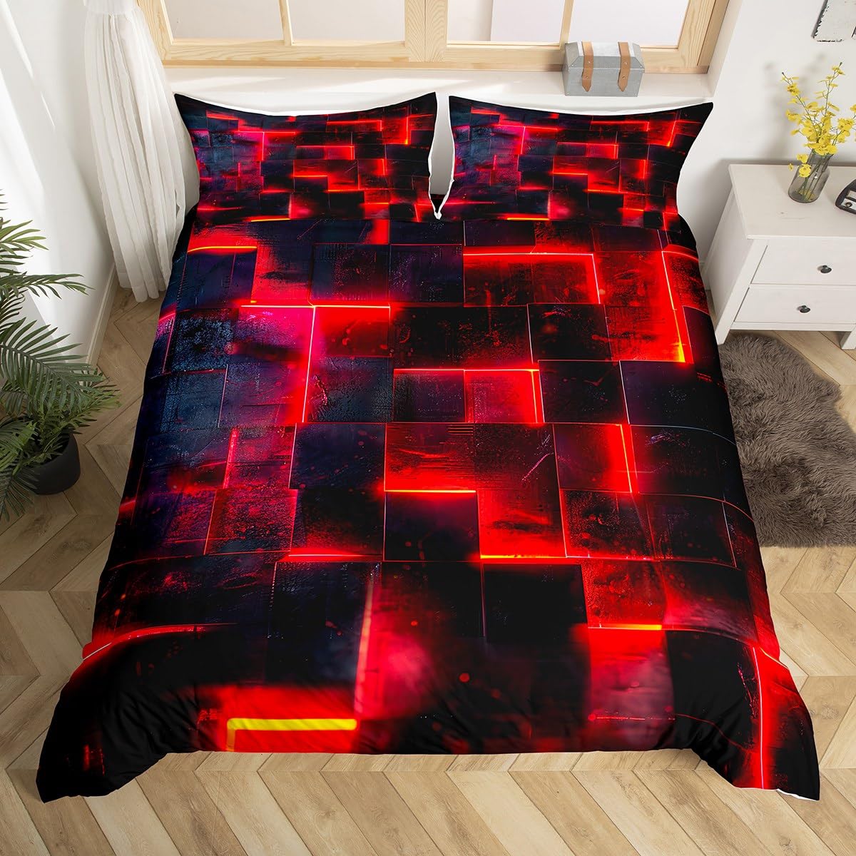 Red and Black Bed Set 3D Glowing Buffalo Duvet Cover Super King Size, Modern Abstract Art Super King Bedding Sets Geometric Plaid Comforter Cover, Gradient Futuristic Cubes Bed Set (Black Reversible)