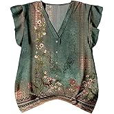 SOLY HUX Women's Floral Tops V Neck Ruffle Cap Sleeve Summer Casual Work Blouse