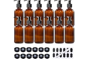 BPFY 12 Pack 8 oz Amber Glass Bottles with Pumps for Essential Oils, Cleaning Products, Lotions, Aromatherapy Oil, Pump Bottles, Refillable Containers with Cap, Funnel, 12 Chalk Labels, 1 Pen
