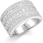 Blongme Wide Wedding Bands for Women 18K White Gold Plated 3 Row Round Princess Cut AAAAA Cubic Zirconia Eternity Stackable Fashion Cocktail Rings for women Size 5-10