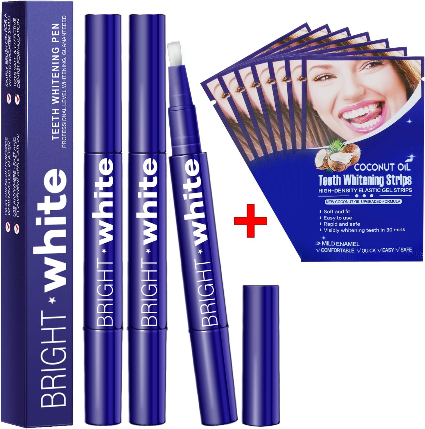 GUGUG Naturals Teeth Whitening Pen (3 Pack), Teeth Whitening Gel with Teeth Whitening Strips (7 Pack), Painless, Effective, Mint Flavor