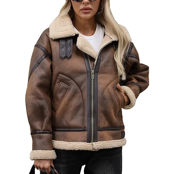 Amazon.com: Leather Bomber Jacket Women Faux Shearling Jacket