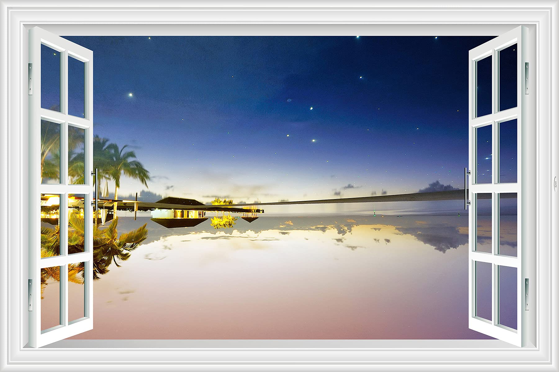 Lichi 3D Fake Window Wall Sticker Mural Decal of Beach Coconut Tree View Scenery Peaceful Night