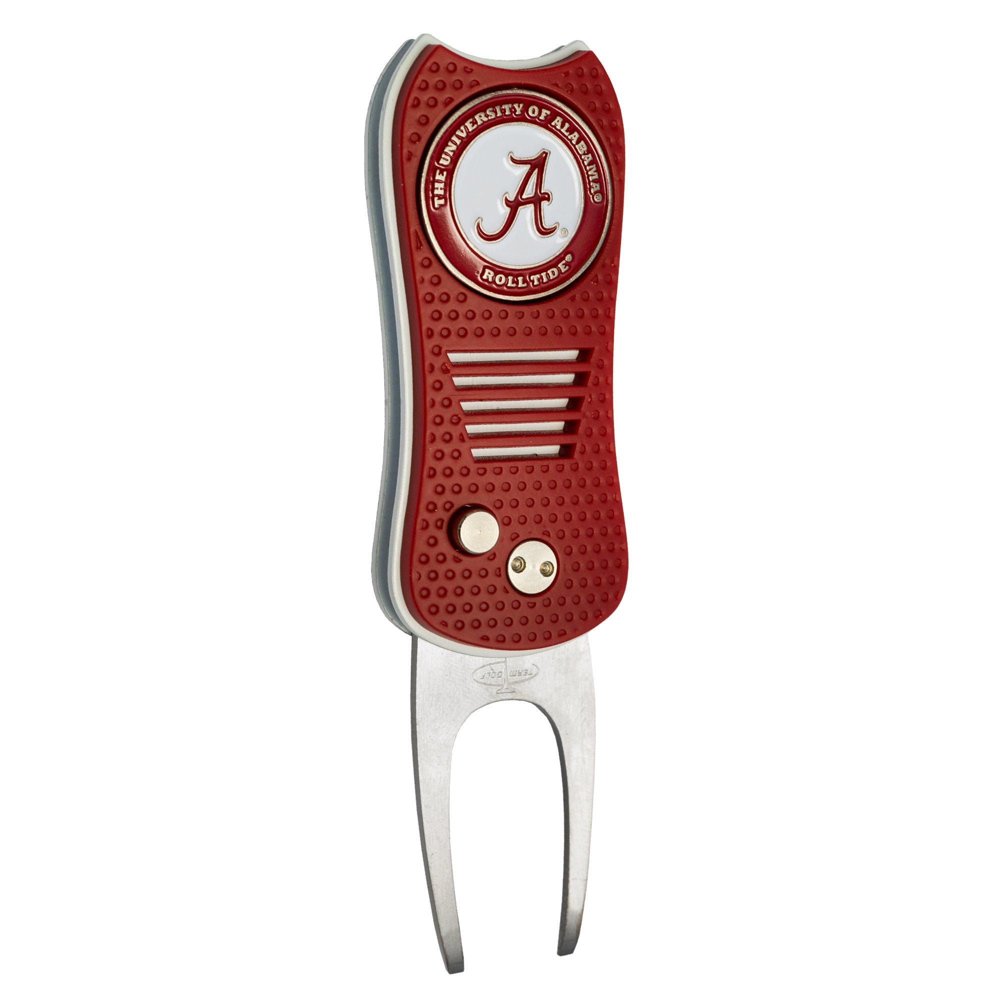 Team Golf NCAA Alabama Crimson Tide Switchblade Divot Tool with Double-Sided Magnetic Ball Marker, Features Patented Single Prong Design, Causes Less Damage to Greens, Switchblade Mechanism