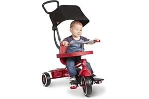 Radio Flyer Stroll N Trike Grows with Child, Converts from Parent Steering to Pedaling for Ages 1-5, Features Safety Harness, UV-Protection Canopy, Cup Holder, Toy Storage, and More, Amazon Exclusive