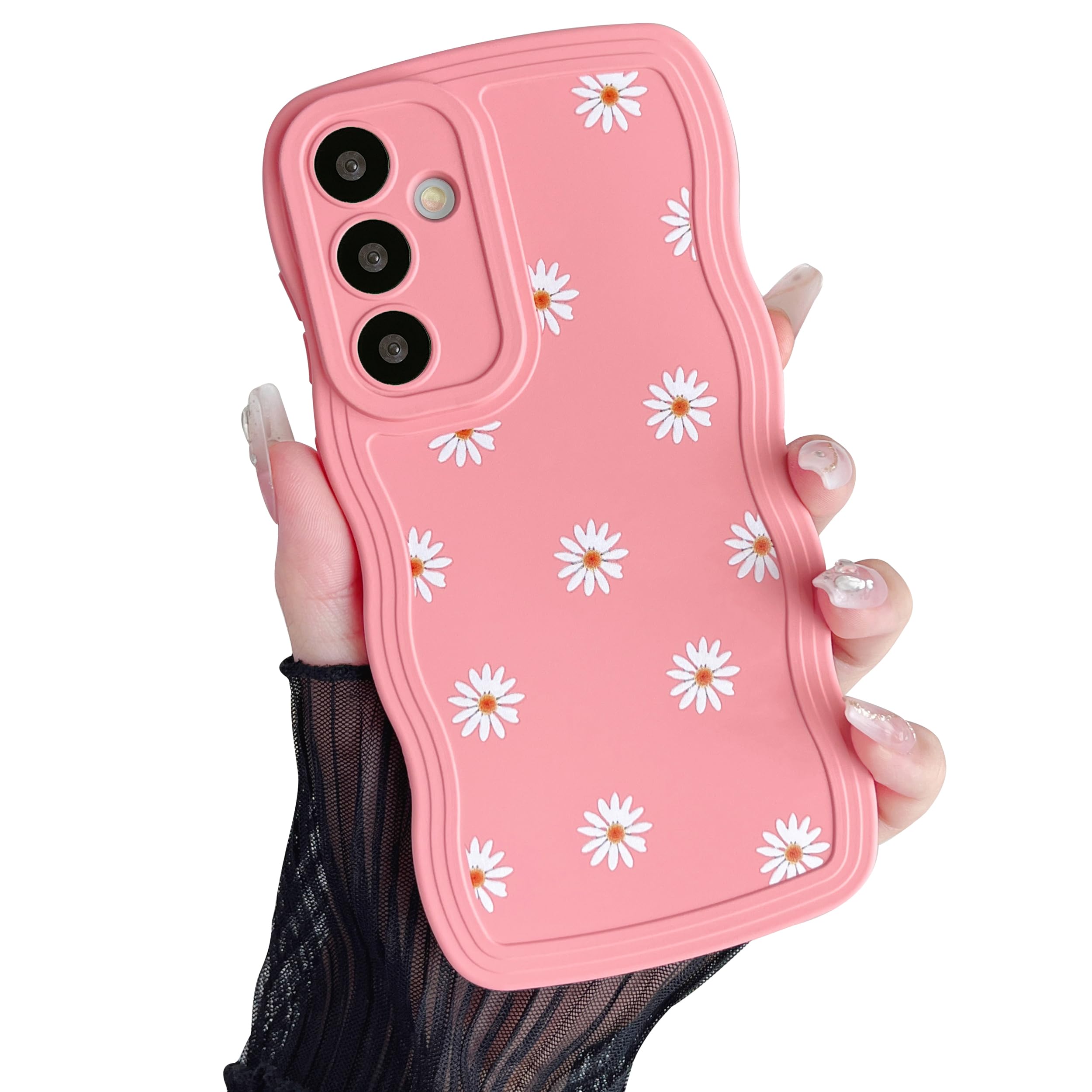 Photo 1 of ZTOFERA Compatible with Samsung Galaxy A14 5G Case,Unique Curly Wave Frame with Daisy Pattern,Soft Liquid Silicone Shockproof Full Cover Lens Protective Case for Samsung A14,Light Pink