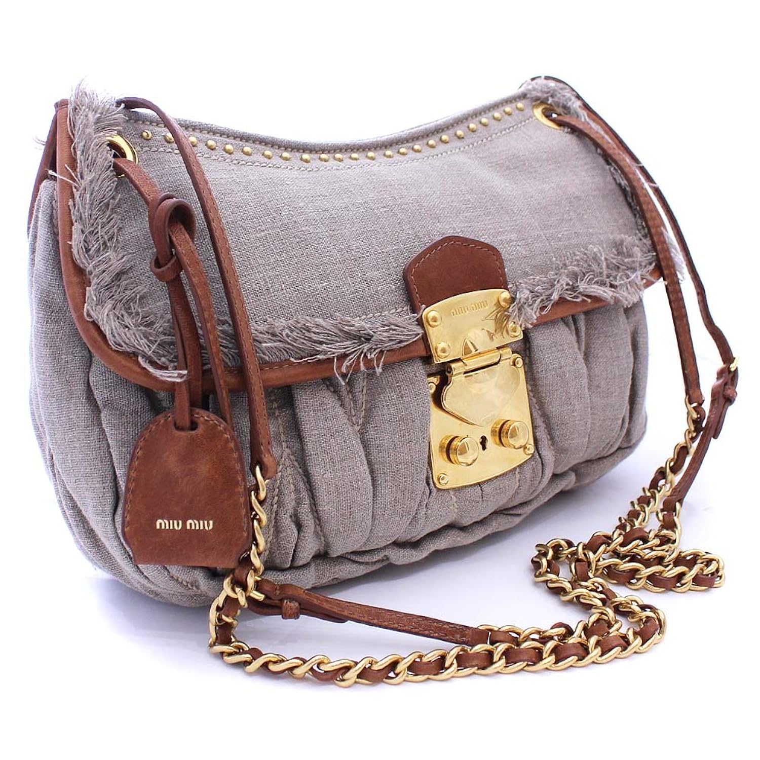 レビューで送料無料 ミュウミュウ Miumiu マテラッセ チェーン Rr1780 ショルダーバッグ グレー ブラウン レディース リネン レザー 中古 B07fl7m4gt Hermescolleges Ca