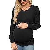 Onedreamer Women's Maternity Shirts Puff Sleeve Round Neck Tunic Top Casual Pregnancy Clothes