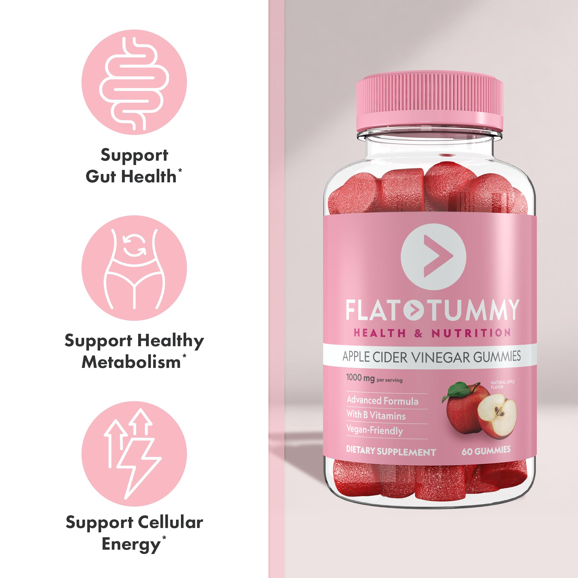 Flat Tummy Apple Cider Vinegar Gummies, 60 Count – ACV Gummies, Detox, Support Gut Health – Vegan-Friendly, Non-GMO - Beet and Pomegranate Superfood Powders, Vitamins B6, B9 & B12