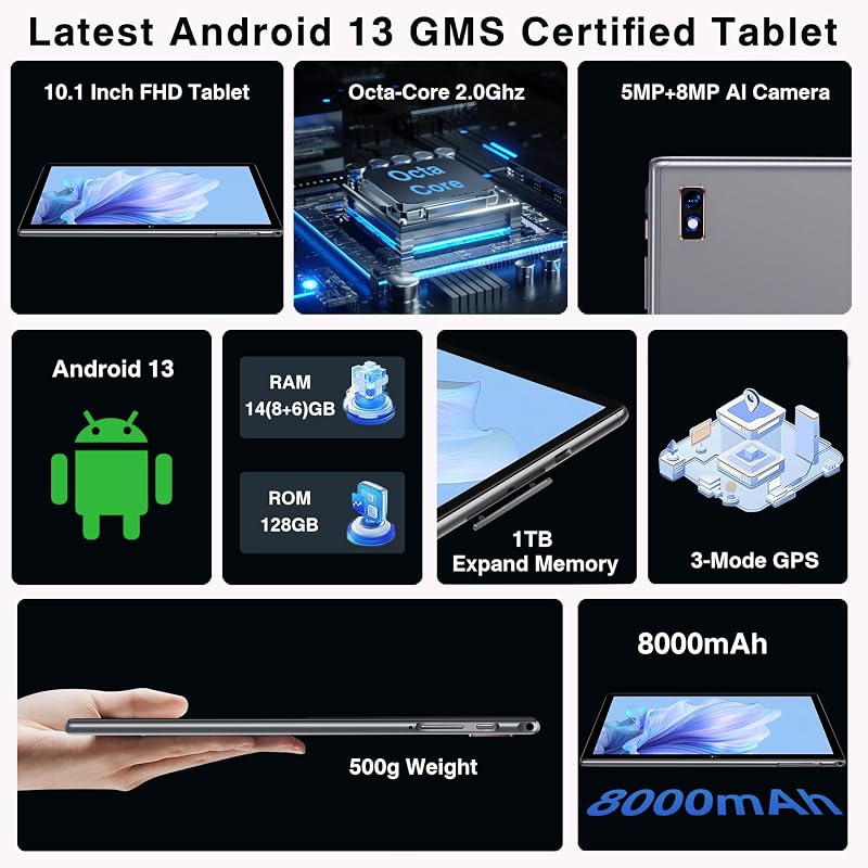 Tablet 10 Pulgadas Tablets Android, 14GB RAM+128GB ROM/TF 1TB, Octa-Core 2.0Ghz, 5G WiFi, BT 5.0, 3.5mm Audio, Batería 8000mAh, Cámara 5+8 MP, Widevine L1, Tablet con Funda, Ratón & Teclado - Gris
