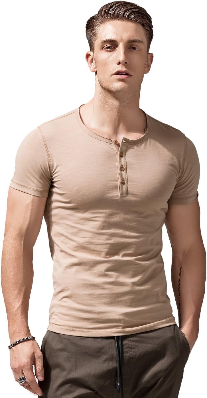 XShing Mens Short Sleeve Button Up T Shirts Henley Slim Fit Athletic Casual Tee