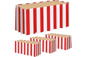 durony 4 Packs Red and White Striped Table Skirt Circus Theme Party Supplies Carnival Table Skirt for Carnival Home Party Decoration, 165 x 30 Inches