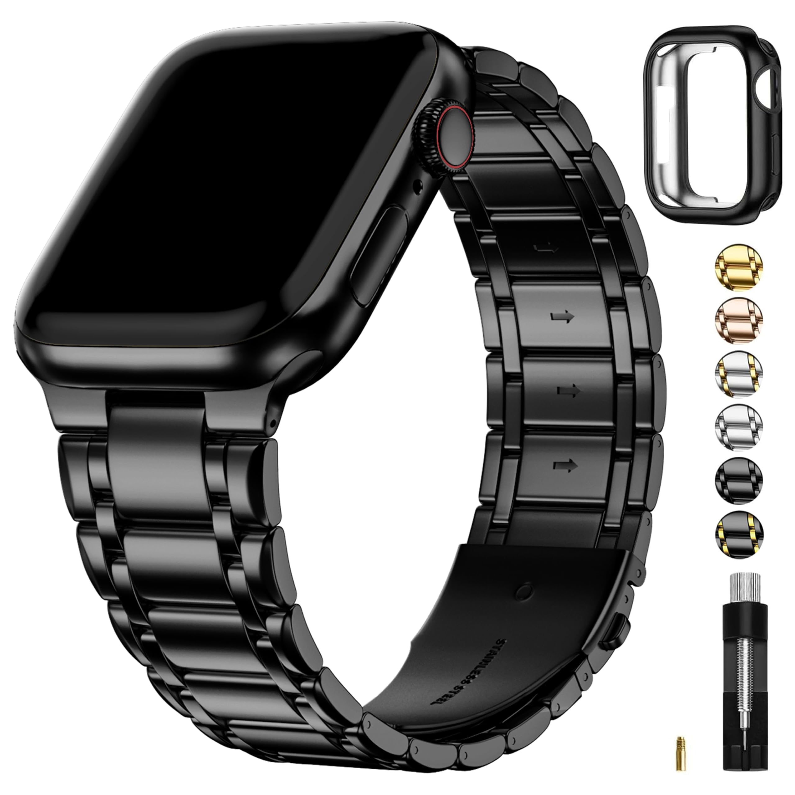 Fullmosa Compatible with Apple Watch Straps 41mm 40mm 38mm Stainless Steel Replacement iWatch Bands with TPU Protective Case for SE 3/2/1 Series 9 8 7 6 5 4 3 2 1, Black — image 1