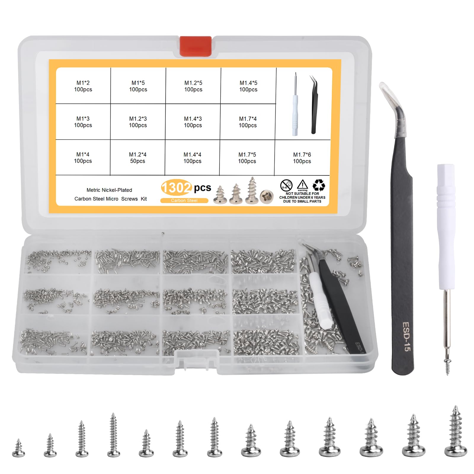 1300 Pcs Small Screws, Self Tapping Screws, Micro Repair Screw Kit, Round Head Wood Screws Assortment Kit, Tiny Screws for Watches Spectacle, M1/M1.2/M1.4/M1.7