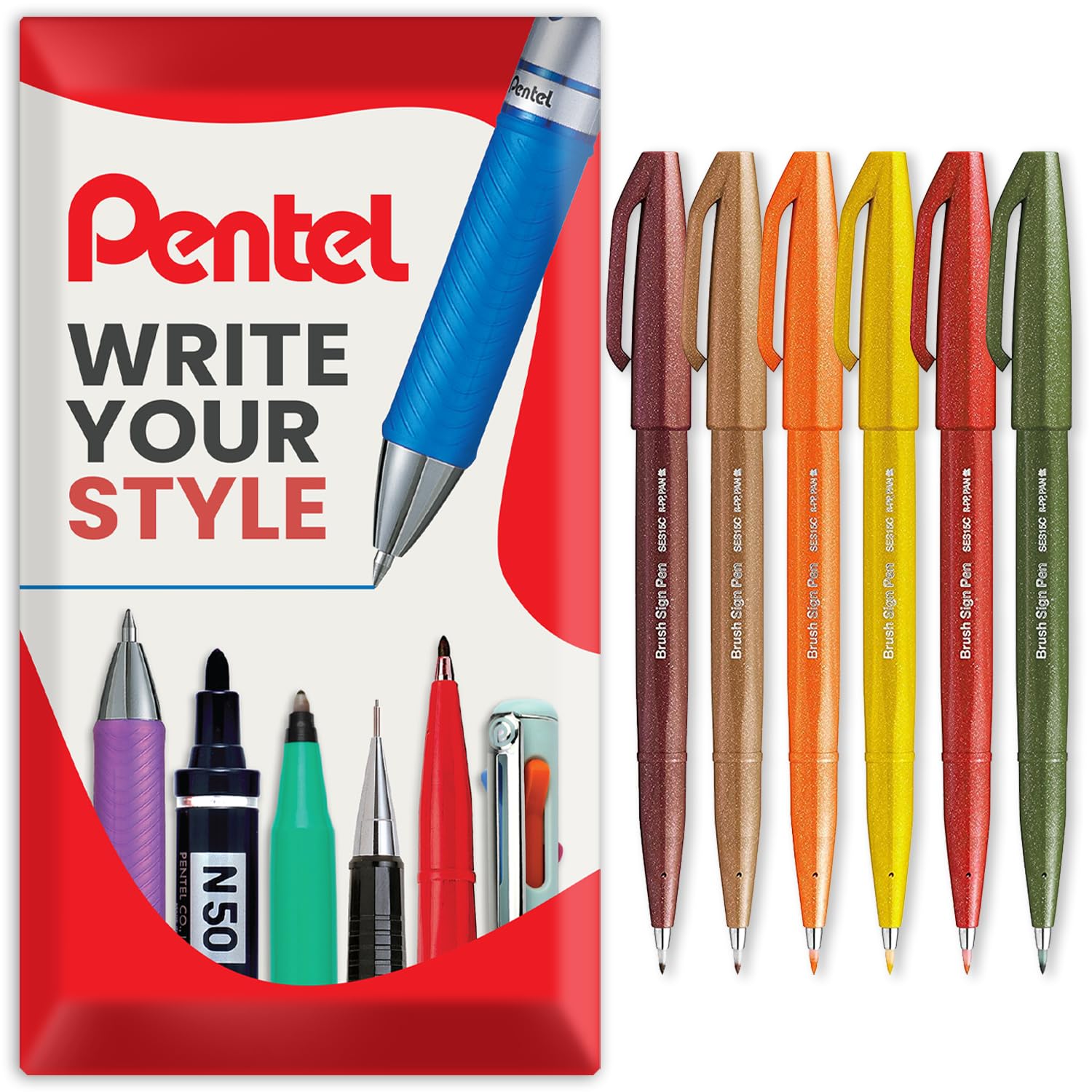 Pentel Brush Sign Pen SES15C - Brush Nib - Fibre Tip - Set of 6 - In Envelope Gift Packaging - Autumn Tones