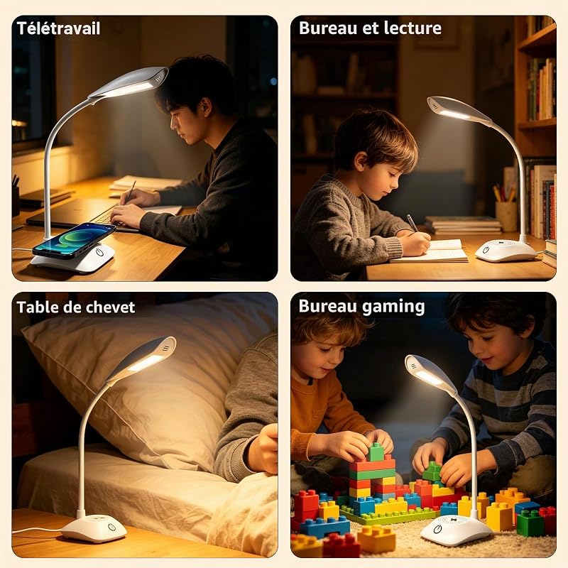 Lampe de Bureau LED avec Chargeur Sans Fil Magnétique MagSafe 15W, 3 Températures de Couleur et Dimmable, 600LM, CRI85, Col Ajustable, pour Home Office Étude Chambre, Blanc