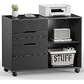 DUMOS Lateral File Cabinet with 3 Drawers Rolling Filing Cabinets Under Desk Storage Printer Stand Wood Organizer with Wheels Adjustable Shelf for Office Home Small Space, Black