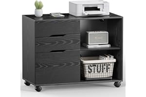DUMOS Lateral File Cabinet with 3 Drawers Rolling Filing Cabinets Under Desk Storage Printer Stand Wood Organizer with Wheels Adjustable Shelf for Office Home Small Space, Black