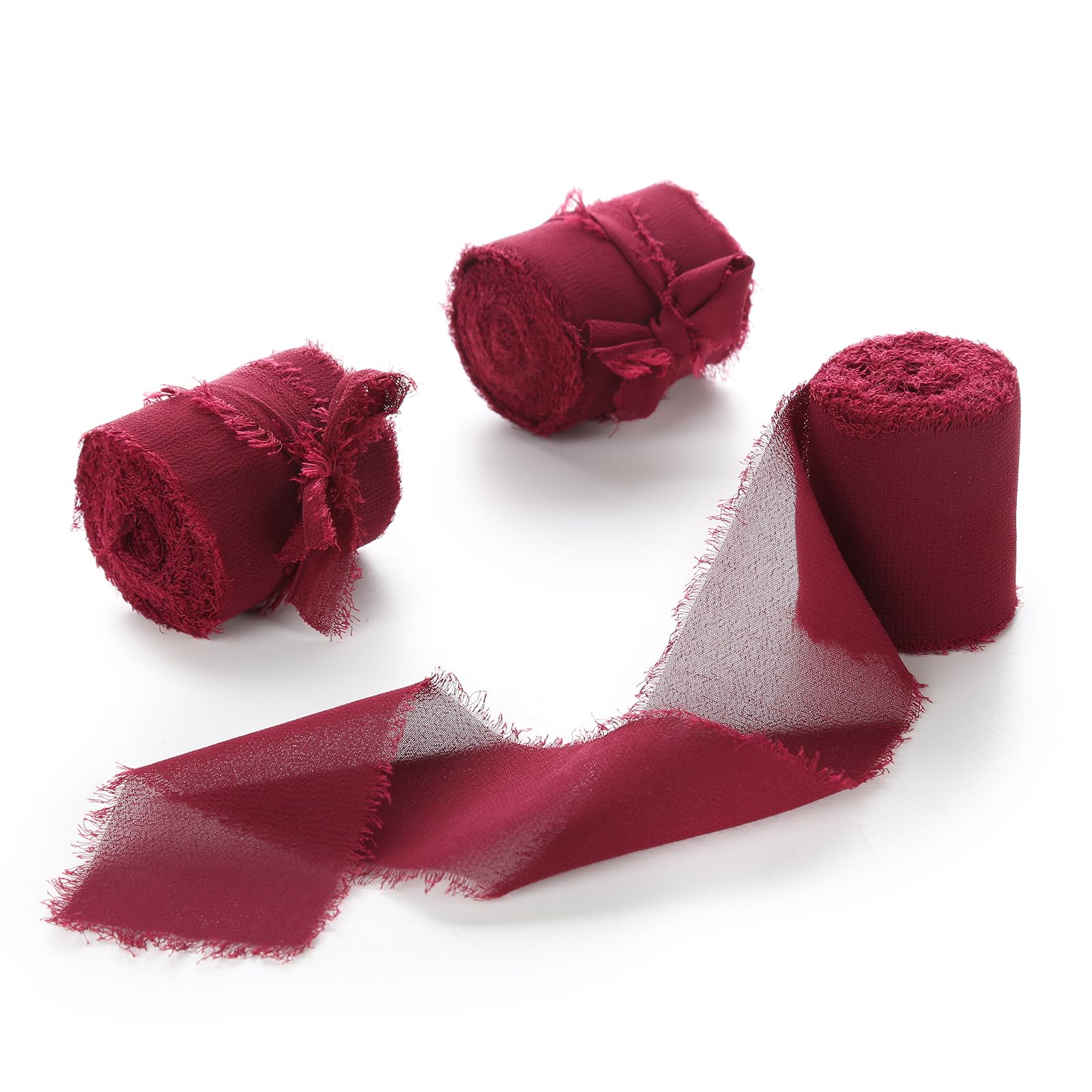 Burgundy Chiffon Ribbon 3 Rolls 1.5 inch X 5 Yard Handmade Frayed Edges Chiffon Ribbon Set for Gift Wrapping, Christmas Decor, Wedding Decor, Bridal Bouquets, and DIY Crafts — image 1