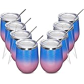 MEWAY 12oz/8 Pack Wine Tumbler Glasses with Lid - Stemless Double Wall Vacuum Stainless Steel Glitter Tumbler - Keeping Cold & Hot Cup for Coffee,for Women(Gradient Pink,Set of 8)