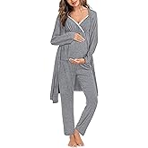 SWOMOG Maternity Nursing Robe Set 3 Piece Breastfeeding Pajamas 3 in 1 Labor Delivery Sleevless Tops&Long Pants Pregnancy Pjs