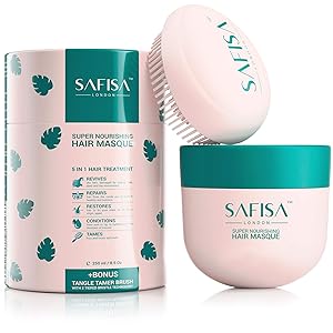SAFISA Coconut Oil Hair Mask for Dry Damaged Hair 8.5 Oz | 5-in-1 Deep Conditioning Hair Treatment for Curly Hair with Argan Oil & Aloe Vera | Includes Hair Brush for Split End Repair | All Hair Types
