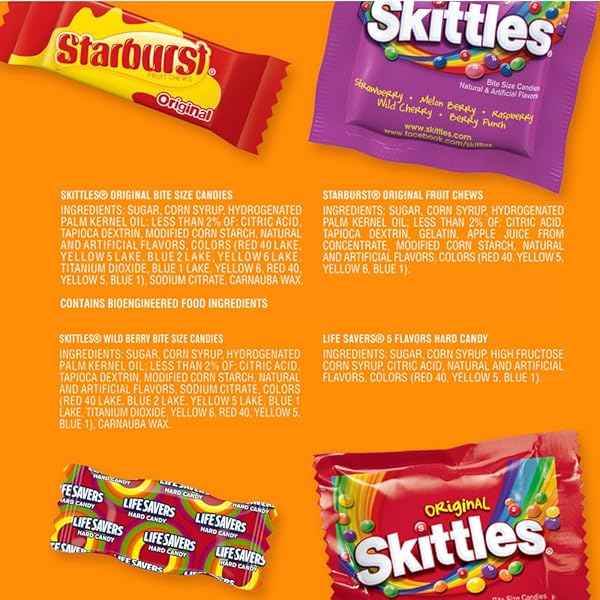 SKITTLES ORIGINAL, SKITTLES WILD BERRY STARBURST & LIFE SAVERS HARD CANDY FUN SIZE FRUITY CANDY ASSORTMENT, 135 CT BULK BAG