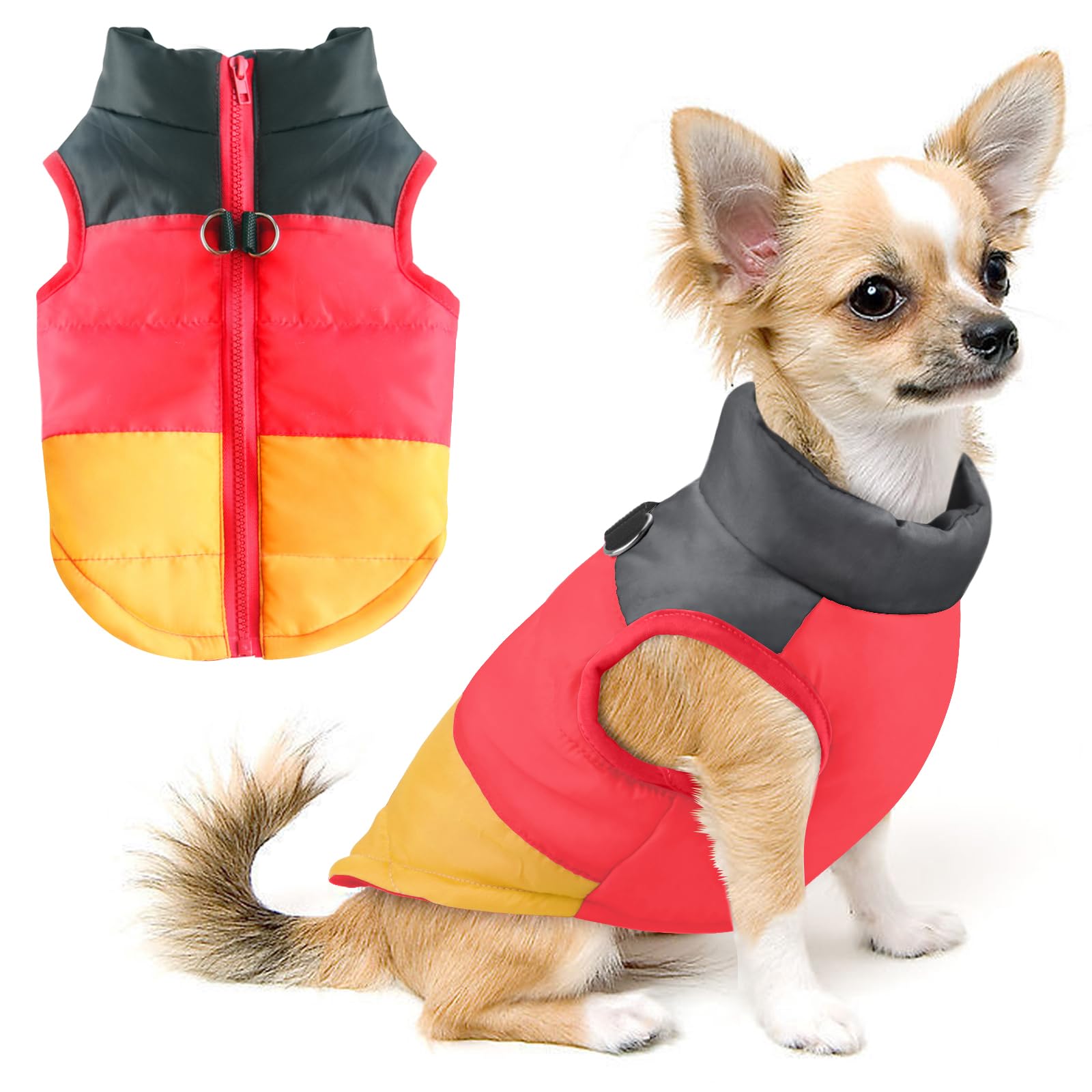 Idepet Pet Dog Cat Coat with Leash Anchor Color Patchwork Padded Puppy Vest Jacket Teddy Chihuahua Costumes Pug Cloth XS S M L