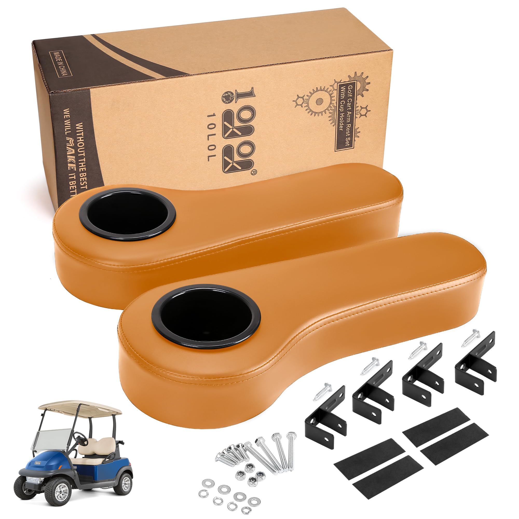 Photo 1 of 10L0L Golf Cart Rear Seat Kit Arm Rest Set with Cup Holder for Yamaha EZGO Club Car Golf Cart UV-Proof Coating Long Lasting, No Drilling Kits Include (Orange)