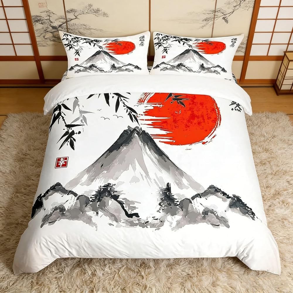 Japanese Style Bedding Set Exotic Fuji Mountain Sun Duvet Cover Set for Kids Boys Girls Women Men Ink Bamboo Comforter Cover Watercolor Ink Bedding & Linen with 2 Pillowcases 3Pcs Bedding King