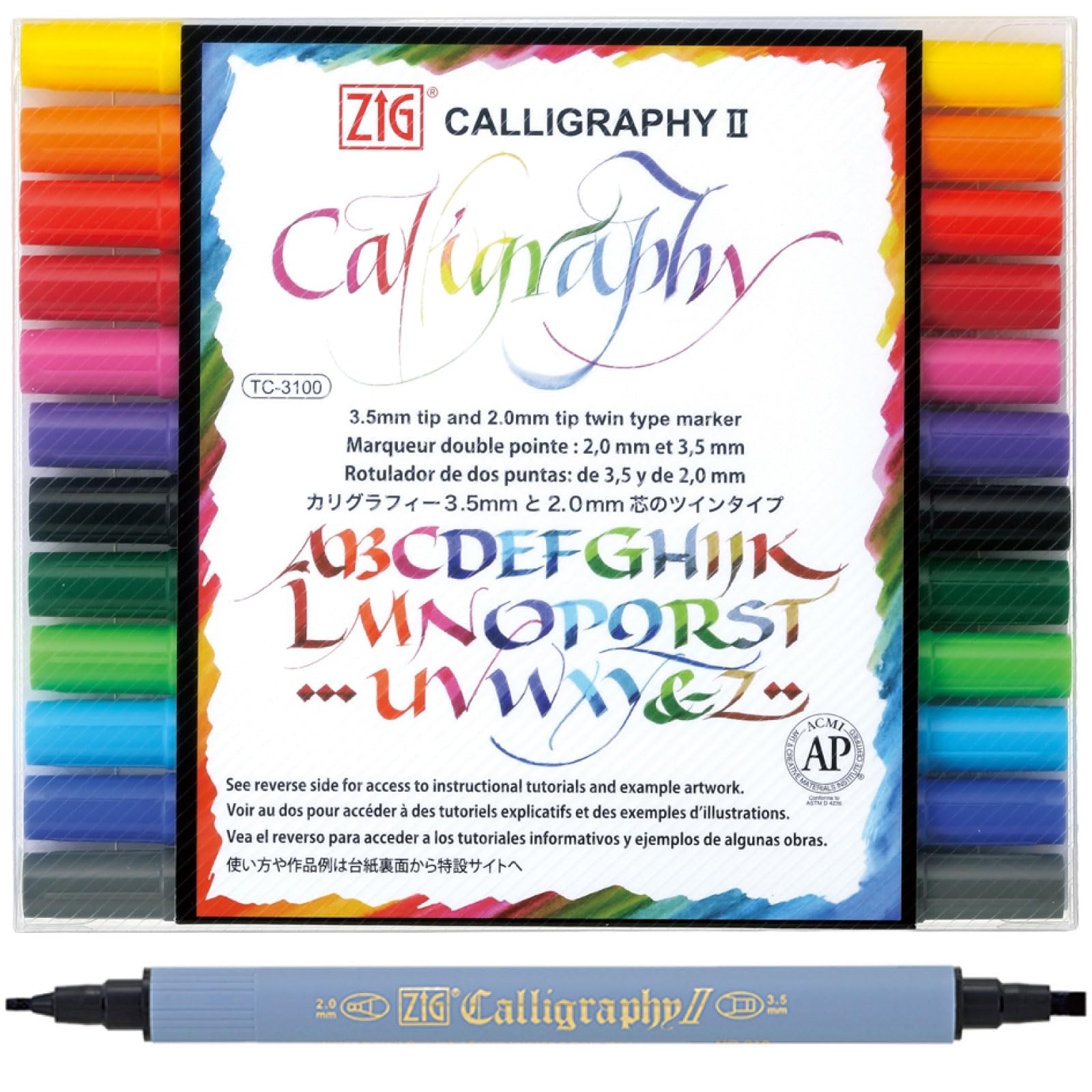 Kuretake ZIG Calligraphy Pens, 12 Colors set, 2mm. 3.5mm Dual Tip Markers, Made in Japan, TC-3100/12V