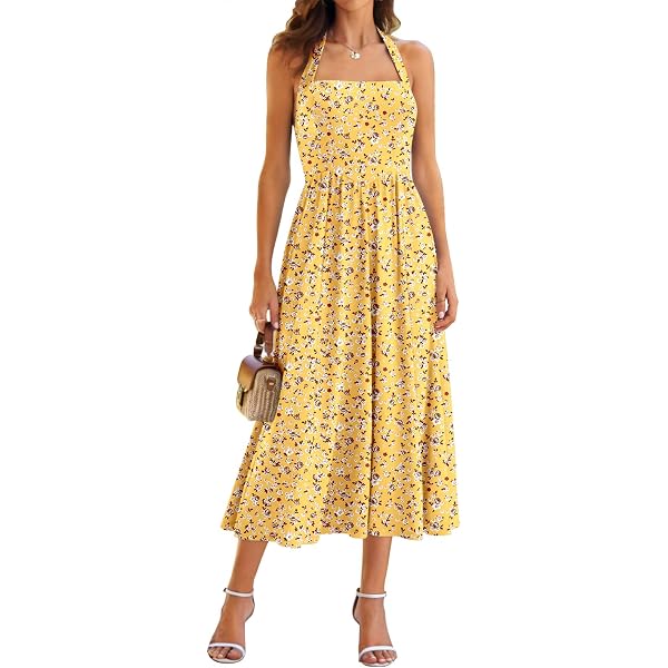 GLIGET Womens Summer Dresses Solid Ruffle Trim Belted A-Line Long Dress  (Color : Yellow, Size : X-Small) at Amazon Women's Clothing store