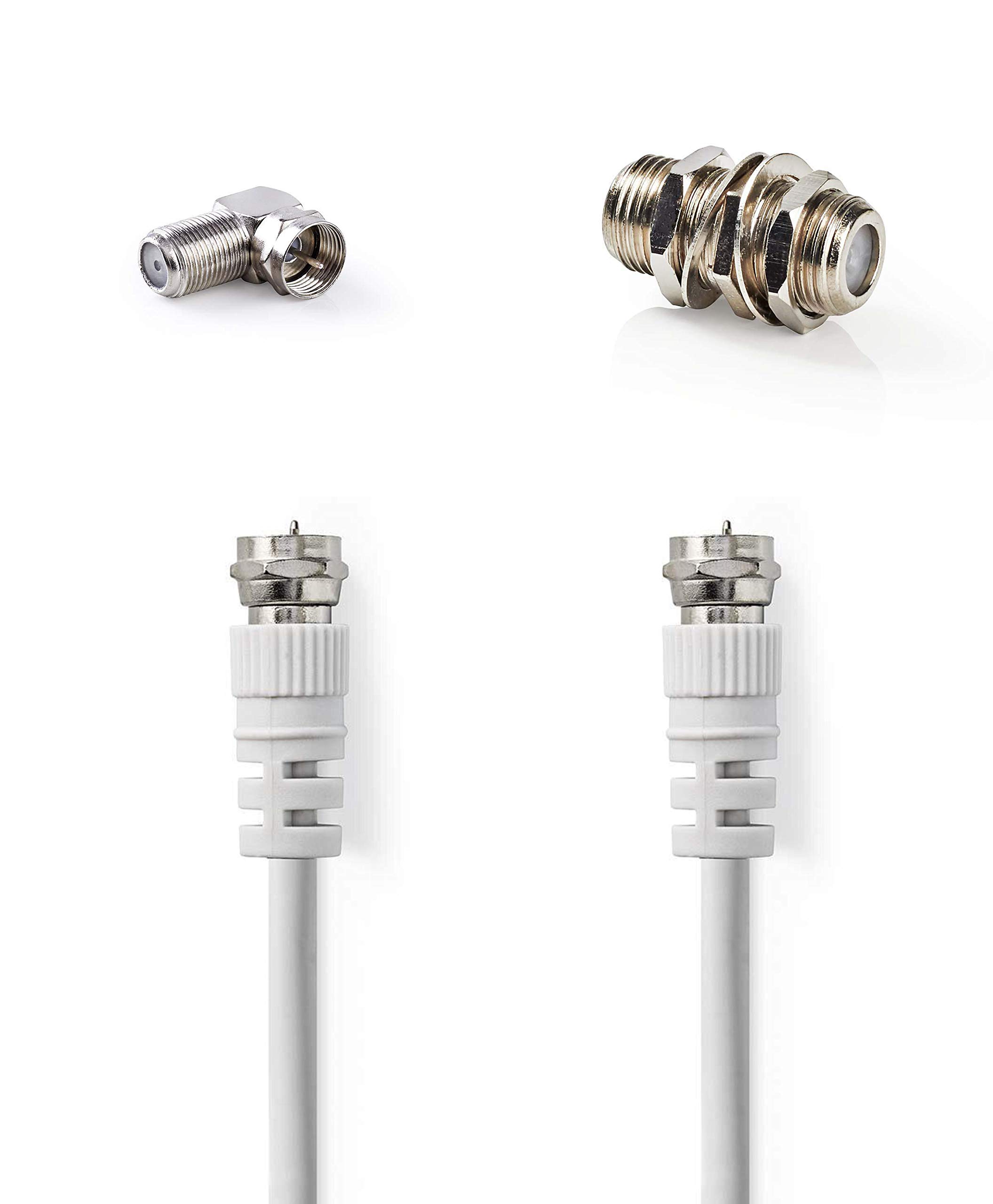 KnnX 28271 | Satellite Antenna lead | F male to F male | Length: 1 metre | White | Pack of 2 cables plus 90 degree adapters and couplers