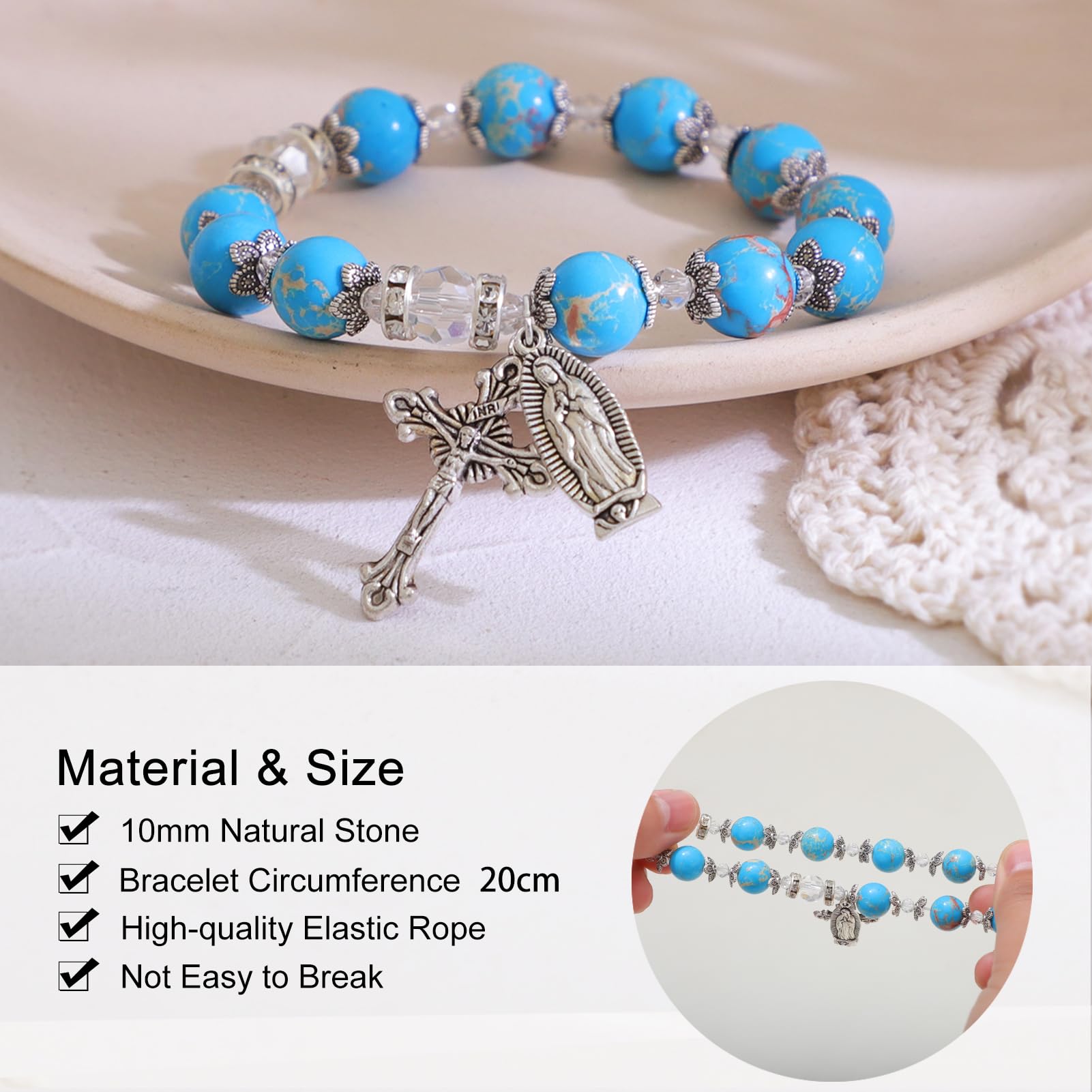 KOMI Gemstone Beaded Stretch Bracelet 8mm 10mm Beads Catholic Rosary Bracelet with Crucifix Cross, Beads Bracelet for Women Men Girls Catholic Religious Jewelry, Catholic Gifts for Women